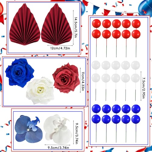 37Pcs Flower Cake Topper Palm Leaves Ball Boho Cake Decorations Artificial Rose Flower Cupcake Cake Insert Topper for Wedding Birthday Party Decoration Supplies (Blue Red) - color: Blue Red
