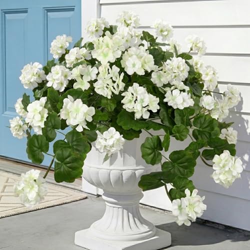 Briful Realistic Silk Geraniums Flowers for Outdoor & Indoor Decor, 19.6” Wide Lush White Artificial Geranium Bouquet for Home Door Patio Decor, 15.7'' High Farmhouse Trailing Hanging & Tabletop Decor - color: White
