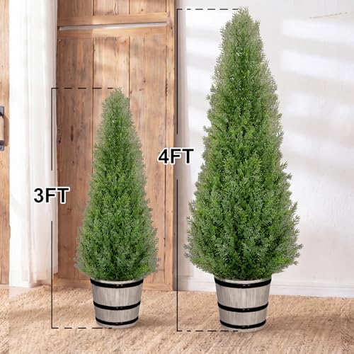 Artificial Cedar Trees 4FT Faux Cedar Topiary Evergreen Plants Outdoor Indoor Fake Cypress Pine Trees with Barrel Planter for Front Porch Entryway Patio Garden Home Decor Set of 2 - size: 4ft