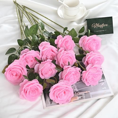 Waipfaru 16 Pcs Valentines Day Flowers, Fake Roses Artificial Flowers with Long Stems, Silk Pink Roses Bouquet for Wedding Vase Mothers Day Flower Arrangement Home Decor (Pink) - color: B-pink, size: 16 Pcs