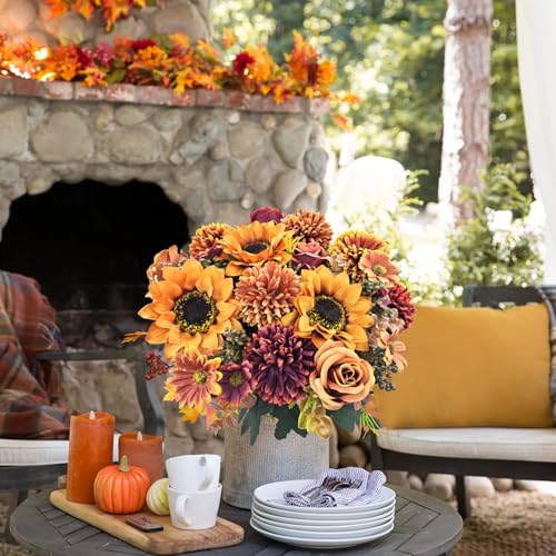 3 Pcs Fall Flowers Artificial Mums Silk Chrysanthemum Rose Sunflowers Daisy Bouquet Fake Mums Faux Floral Arrangements Home Indoor Outdoor Planter Decor Party Wedding Table Autumn Decoration - color: Fall Colors - B