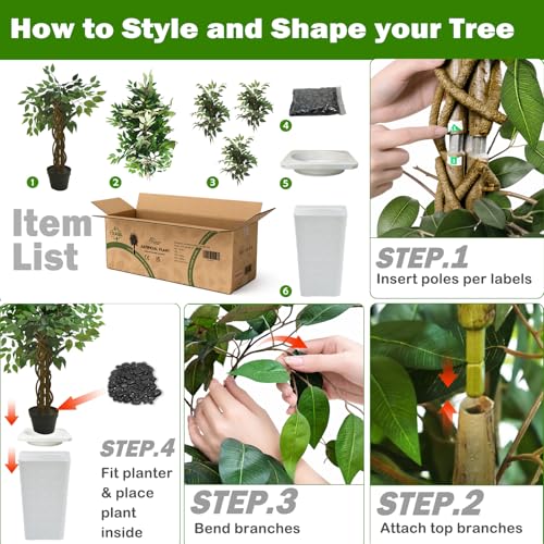 7FT Artificial Ficus Tree, 84 Inch Realistic Faux Silk Ficus Floor Plant with White Planter & Pebbles, Tall Fake Potted Tree for Indoor Home Office Living Room Corner Decor - color: White, size: 7 ft