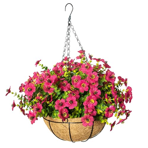 Artificial Hanging Flowers for Outdoors with Basket,UV Resistant Realistic Faux Hanging Plants Outdoor Artificial Flowers for Outdoors Basket for Yard Porch Patio Home Decor,12 Bundles(Rose Red) - color: Rose Red