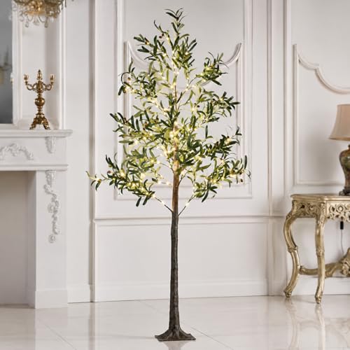 Lightshare Lighted Olive Tree with Fruit 6FT 200L Artificial Plant with Warm White Fairy Lights for Indoor Outdoor Home Party Wedding Decoration