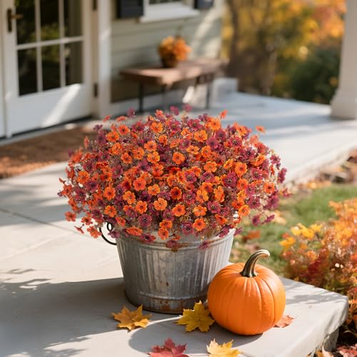 Ammyoo Fall Mums Artificial Flowers for Outdoors Potted, 12 Bundles Fake Fall Daisy Flower with Realistic Eucalyptus Leaves, Fake Plants for Greenery Boxwood Porch Patio Garden Pot Courtyard Lawn - color: Brown Orange-qs