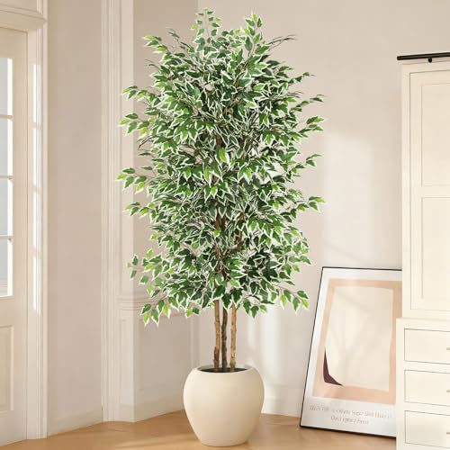 GTIDEA 7ft Large Ficus Artificial Tree with Natural Trunk, 84" Tall Faux Tree for Home Decor Indoor, Lifelike Silk Tree Fake Plants for Living Room Covered Porch Office Corner Decor (NO VASE INCLUDED) - color: 7ft Ficus Tree (No Vase)