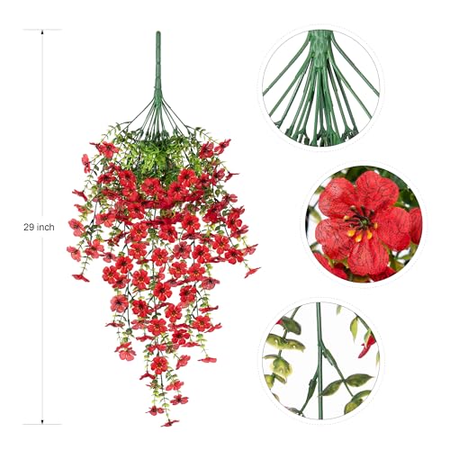 Ammyoo Artificial Hanging Flowers for Outdoors Fake Plants Decoration, 2 Pcs Faux Silk Daisy Flower Realistic Outdoor Flowers UV Resistant Porch Patio Window Yard Indoor Spring Decor(Red) - color: Red