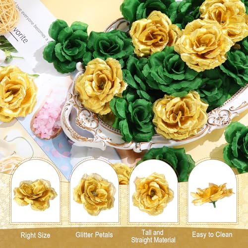 Yunlly 100 Pcs Artificial Flowers Fake Silk Roses Long Stem Rose Bouquet Wedding Party Home Decor for DIY Baby Shower Centerpieces Tables Home Decorations(Green,Gold) - color: Green,gold