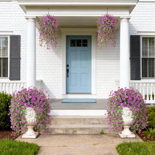 ZFProcess Artificial Hanging Flowers for Outdoors, 2 Pcs Fake Hanging Plant Spring Summer Decor, UV Resistant No Fade Realistic Faux Flower for Front Door Porch Planter Patio Garden Yard(Purple) - color: Purple