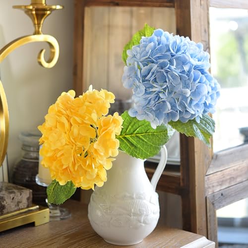 FiveSeasonStuff Real Touch Silk Hydrangea Flowers, 2 Large Long Stem Artificial Flowers for Floral Arrangements (Mixed Heavenly Blue & Sunbeam Yellow) - color: Mixed Heavenly Blue + Sunbeam Yellow