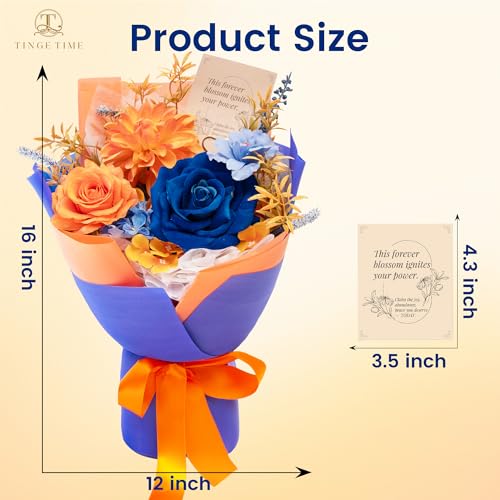 TINGE TIME Preserved Flowers Bouquet, Orange & Navy Blue Roses Gift Bouquet, Eternal Roses Bouquet for Wedding, Table Centerpieces, Mothers Day, Birthday Gifts, Anniversary, Graduation - color: Brunt Orange&Royal Blue