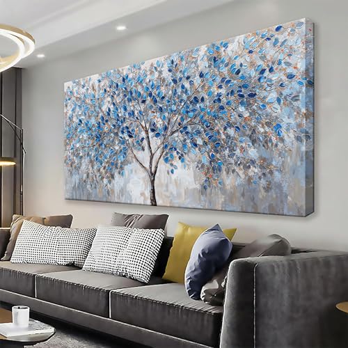 Blue White Tree Leaves Wall Art Decor Canvas Prints Ready To Hang Room Wall Decor Wall Pictures For Living Room Office Kitchen Bathroom Bedroom 20x40 Inch - color: White Blue, size: 40"L x 20"W