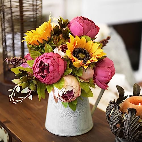 FiveSeasonStuff ''Country Cottage'' Silk Pink Peonies and Sunflowers Mix Flower Bouquet Artificial Flowers