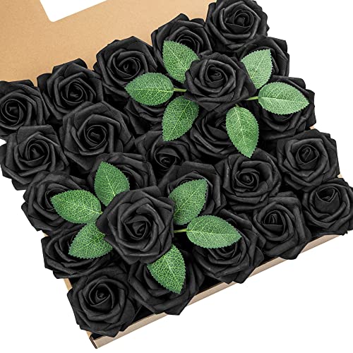 DuHouse 25Pcs Artificial Roses Flowers Fake Roses with Stems Real Touch Foam Flowers for DIY Wedding Bouquet Centerpiece Halloween Floral Arrangement Party Home Decor(Black) - color: Black, size: 25pcs