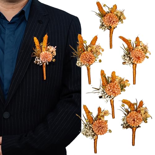 Burnt Orange Boutonniere for Men,Prom boutonnieres,Groom and Groomsmen Boutonniere for Wedding Ceremony Anniversary, French Country Wedding Themes (Set of 6) - color: Burnt Orange 2026, size: set of 6