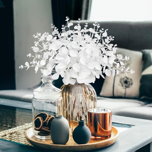 Yen Jean 14PCS White Eucalyptus Artificial Faux Flowers for Decoration - Fake Silk Stems in Vase Christmas Holiday Winter Wedding Home Decor - style: white