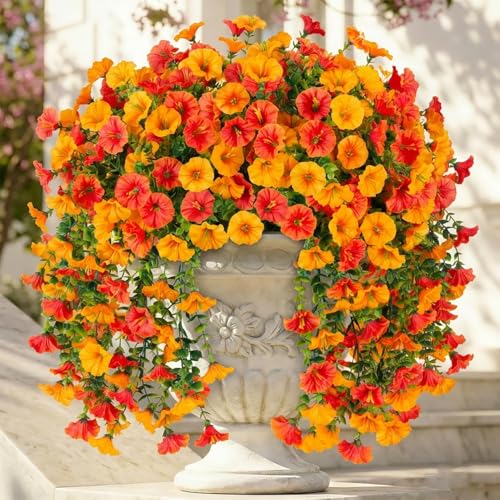 Ivydale 2 PCS Artificial Hanging Flowers Fake Plants Outdoor,Silk Morning Glory Faux Flowers with Eucalyptus Leaves,UV Resistant Realistic Hanging Plants for Home Garden Decor (Yellow+Orange) - color: Yellow+orange