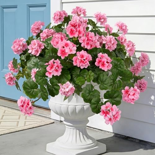 Briful Realistic Silk Geraniums Flowers for Outdoor & Indoor Decor, 19.6” Wide Lush Artificial Geranium Bouquet for Home Door Patio Decor, 15.7'' High Farmhouse Trailing Hanging & Tabletop Decor, Pink - color: Pink