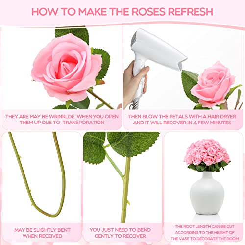 Jexine 50 Pcs Artificial Rose Flower Bulk Realistic Silk Fake Roses with Long Stem Plastic Artificial Flower Bouquet Real Looking for Home Wedding Centerpieces Party Decoration(Pink) - color: Pink