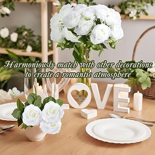 Zeyune White Artificial Wedding Roses Bulk, 8 Bouquets (56 Heads) Silk Bridal Bouquet Flowers for DIY Wedding Centerpieces Bridesmaid Decor, 17.3 Inch