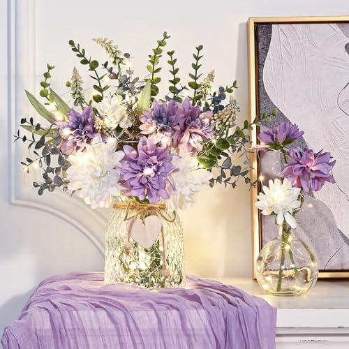 MARTINE MALL Fake Flowers in Vase with Lights, Faux Flowers in Vase, Dahlia Artificial Flowers in Vase Centerpiece Table Decorations Artificial Flower Arrangement for Home Dining Room Farmhouse - color: Purple With Lights