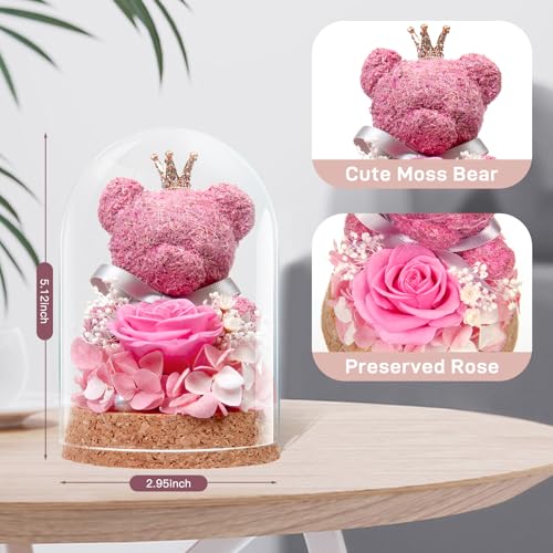 Preserved Rose Flowers Gifts for Her, Real Forever Rose in Glass Dome with Adorable Bear for Girlfriend,Mom,Wife,Grandma on Birthday Anniversary Valentine's Day - color: Pink