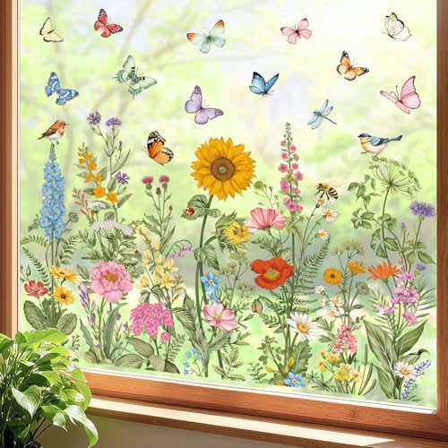 decalmile Spring Summer Vintage Wildflower Double Sided Window Clings Garden Flower Butterfly Birds Anti-Collision Glass Doors Window Stickers Decals - color: Vintage Flower