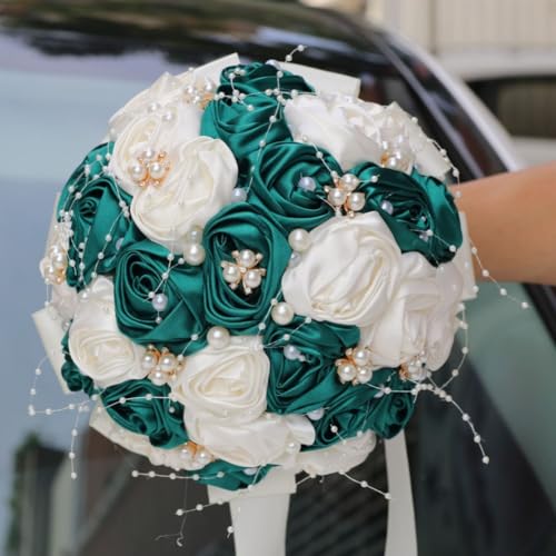 Bridal Wedding Bouquet with Pearl Brooch Bouquet for Bride Bridesmaid Quinceanera Satin Rose Flower Bouquet Wedding Dark Green and Ivory 8.7in - color: Dark Green & Ivory