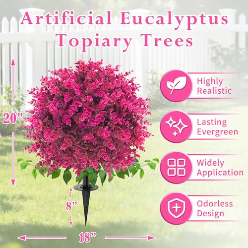 Artificial Topiary Tree with Eucalyptus, Set of 4 UV Resistant Fake Evergreen Shrubs with Ground Spike for Porch, Artificial Plants for Outdoor Indoor Garden Planters, Lifelike Decor - color: Pink