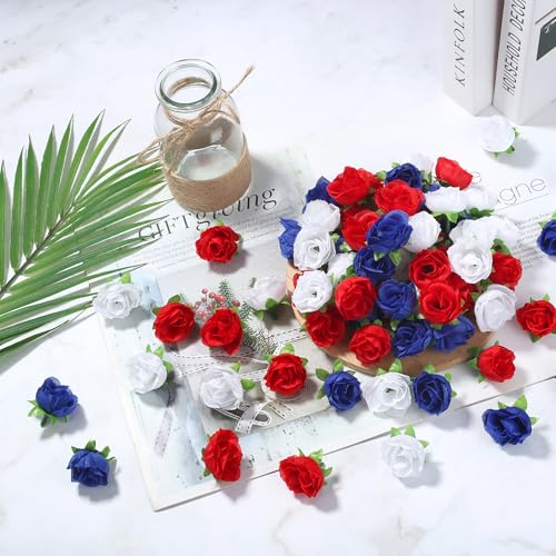 SITUMEIZI 100 Pcs Mini Patriotic Roses Head 4th of July Artificial Flowers Small Rose for Independence Day DIY Decor Blue White Red Silk Flowers for Memorial Day - color: Blue-white-red
