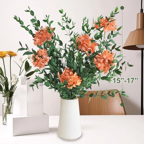 Hand-Tied Preserved Eucalyptus and Hydrangea Bouquet, 5-7 Stems Rustic Yellowish Brown and Green Natural Dried Flowers for Home Table Decor, Wedding Centerpiece, Fall Holiday Decorations