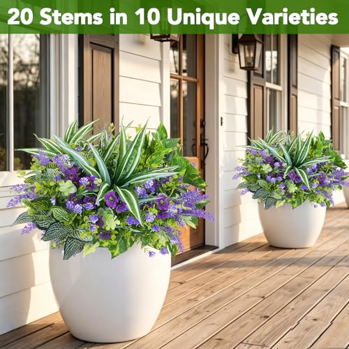 20 Bundles Fake Plants Outdoor Real Looking Artificial Flowers with Greenery UV Resistant Shrubs Faux Outside Plants for Planter Window Box Garden Patio Front Porch Yard Decor（Purple） - color: Mixed 20pcs