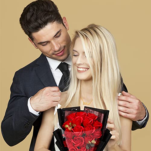 EIGHTOWN Roses Bouquet Artificial Flower - Preserved Red Rose Flowers with Love Necklace for Her - Unique Gifts Valentine's Day, Mother's Day, Thanksgiving, Birthday, Anniversary - color: Bright Red