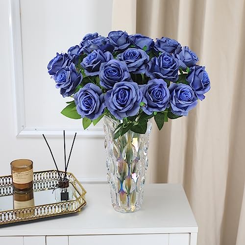 Tifuly Dusty Blue Roses Artificial Flowers - 12 Pcs Long Stem Silk Roses, Realistic Fake Roses with Stem for Bridal Bouquets, Home and Office Decor - color: Dusty Blue