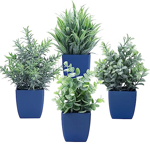 summer flower Set of 4 Fake Plants in Pot Small Artificial Eucalyptus Potted Plant Mini Wheat Grass Ferns Faux Greenery for Home Indoor Office Table Bathroom Farmhouse Decorations Blue - color: Blue-4