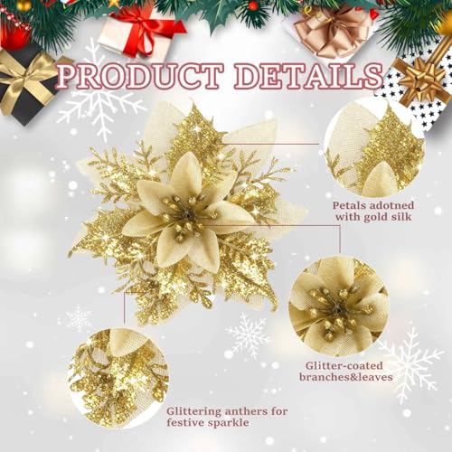 16Pcs Gold Poinsettia Flowers Artificial Christmas Flowers Decorations with Clips, Glitter Poinsettia Christmas Decorations for Xmas Tree Ornaments Winter Party Wreath Decor - size: 16PC Gold Poinsettia
