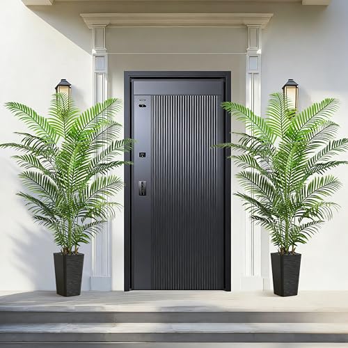 Artificial Palm Tree Indoor, 6FT Fake Floor Plants Large Tropical Silk Plant with Black Square Planter, Faux Areca Palm Plant Artificial Tree in Pot for Home Room Office Outdoor Patio Decor