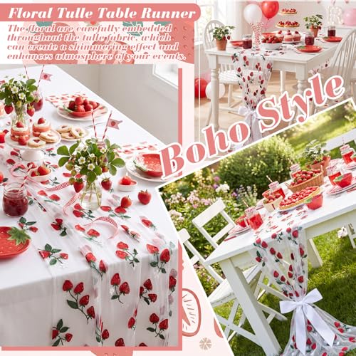 Mindsoft 3 Pcs Strawberry Table Runner, 10ft Tablecloth Strawberry Party Decorations Gauze Embroidery Tulle Lace Runner, for Table Wedding Birthday Bridal Baby Shower Holiday Dining Decor DIY - style: Strawberry