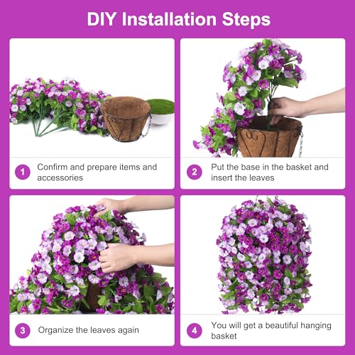 INXUGAO Artificial Flowers with Hanging Basket, Outdoor Faux Plants Silk Morning Glory Vines, Fake Green Arrangement for Garden Patio Spring Summer Decor(4pcs,Darkorchid) - color: Darkorchid