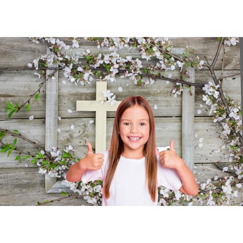 Rustic Wooden Board Cross Backdrop Word Love Spring Branches Blossoms Flower Petals Photography Backdrop Jesus Christian Church Event Party Background Decors Easter Festival Photo Props 6x4ft - color: Grey, size: 6x4ft