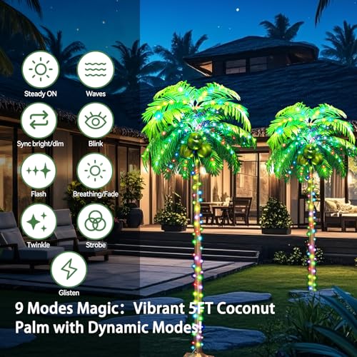 Ledido 5FT Lighted Palm Trees for Outside Patio, 35 Colors Changing Light Up Palm Trees Outdoor with Remote, Led Artificial Fake Tree with Coconuts for Pool Tiki Bar Yard Tropical Party Indoor Decor - color: Color Changing, size: 5ft