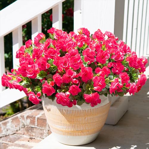 HyeFlora Artificial Faux Outdoor Flowers Plants for Spring Summer Decoration, Fake Silk Hotpink Camellia UV Resistant Look Real for Planter Outside Front Door Porch Patio Balcony, 3 Large Bundles - color: Hotpink