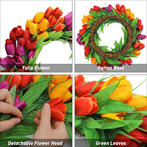 U'Artlines 20 Inch Tulip Wreath for Front Door, Spring Summer Silk Wreath with Green Leaves Artificial Tulip Flower Wreaths for All Seasons Window Wall Wedding Valentines Day Decor - color: Red Yellow Purple, size: 20 Inch