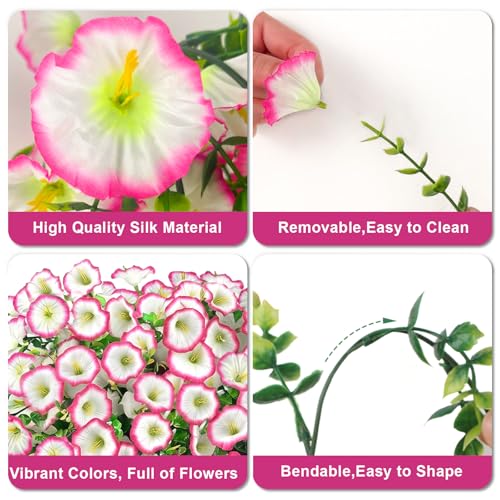 Artificial Hanging Flowers for Outdoor, 4Pcs UV Resistant Faux Morning Glory Flower Spring Summer Decroation, No Fade Fake Flower Trailing Vine for Porch Patio Balcony Yard Garden (Pink) - color: Pink