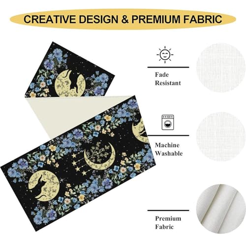 Boho Floral Table Runner, Spring Gothic Moon Phase Wildflower Mystical Witchy Farmhouse Coffee Table Center Decor for Home Kitchen Dining Patio Holiday Party Table Decorations 13x36 inches - color: Tr-moon07, size: 13x36" Table Runner