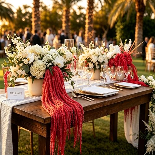 5Pcs Dried Amaranthus Hanging Flowers, 53" Neon Green Preserved Natural Wisteria for Wedding Arch, Table Centerpiece, Wall Hanging Lover Tears, Floral Arrangement (Deep Red) - color: Deep Red