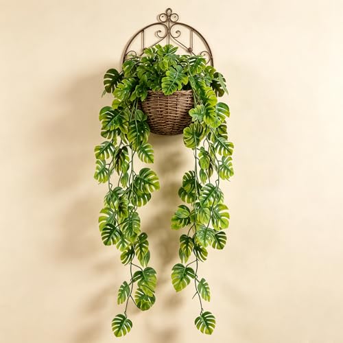 CLONG Artificial Hanging Plants Fake Monstera Hanging Plant UV Resistant Plastic Plants for Outdoor Decoration (6, Green)