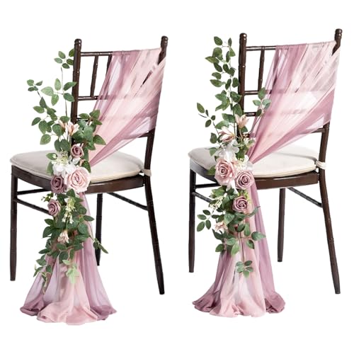 Ling's moment 8 Wedding Chair Decorations Aisle Pew Church Artificial Flower Greenery Swag Dusty Rose Pink Cream Bench Ceremony Reception Floral Faux Backdrop Rose Arrangements Party Outdoor Sashes - color: Dusty Rose
