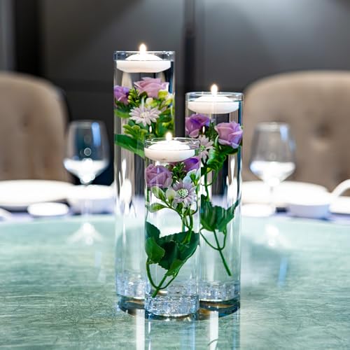 Purple Rose Floating Flowers for Table Centerpieces Glass Cylinder Vases Fillers Set with Floating Candles and Fake Ice Cubes for Wedding Party Home Pool Bar Restaurant Festival Decoration - color: Light Purple