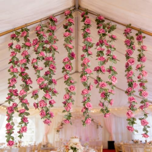 Artificial Flower Garland 90.5 Inch/230CM - Fake Roses Vines Floral Vines, Silk Faux Plastic Hanging Floral Garland for Wedding Arch, Bedroom, Home Wall, Backdrop, Outdoor & Indoor Decor (Dark Pink) - color: Dark Pink
